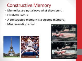 Constructive Memory
• Memories are not always what they seem.
• Elizabeth Loftus
• A constructed memory is a created memory.
• Misinformation effect
 