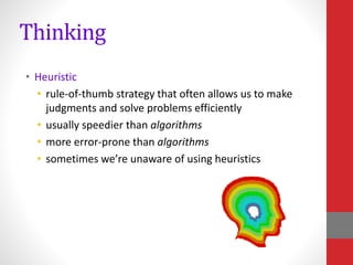Thinking
• Heuristic
• rule-of-thumb strategy that often allows us to make
judgments and solve problems efficiently
• usually speedier than algorithms
• more error-prone than algorithms
• sometimes we’re unaware of using heuristics
 