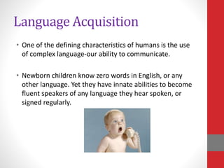Language Acquisition
• One of the defining characteristics of humans is the use
of complex language-our ability to communicate.
• Newborn children know zero words in English, or any
other language. Yet they have innate abilities to become
fluent speakers of any language they hear spoken, or
signed regularly.
 