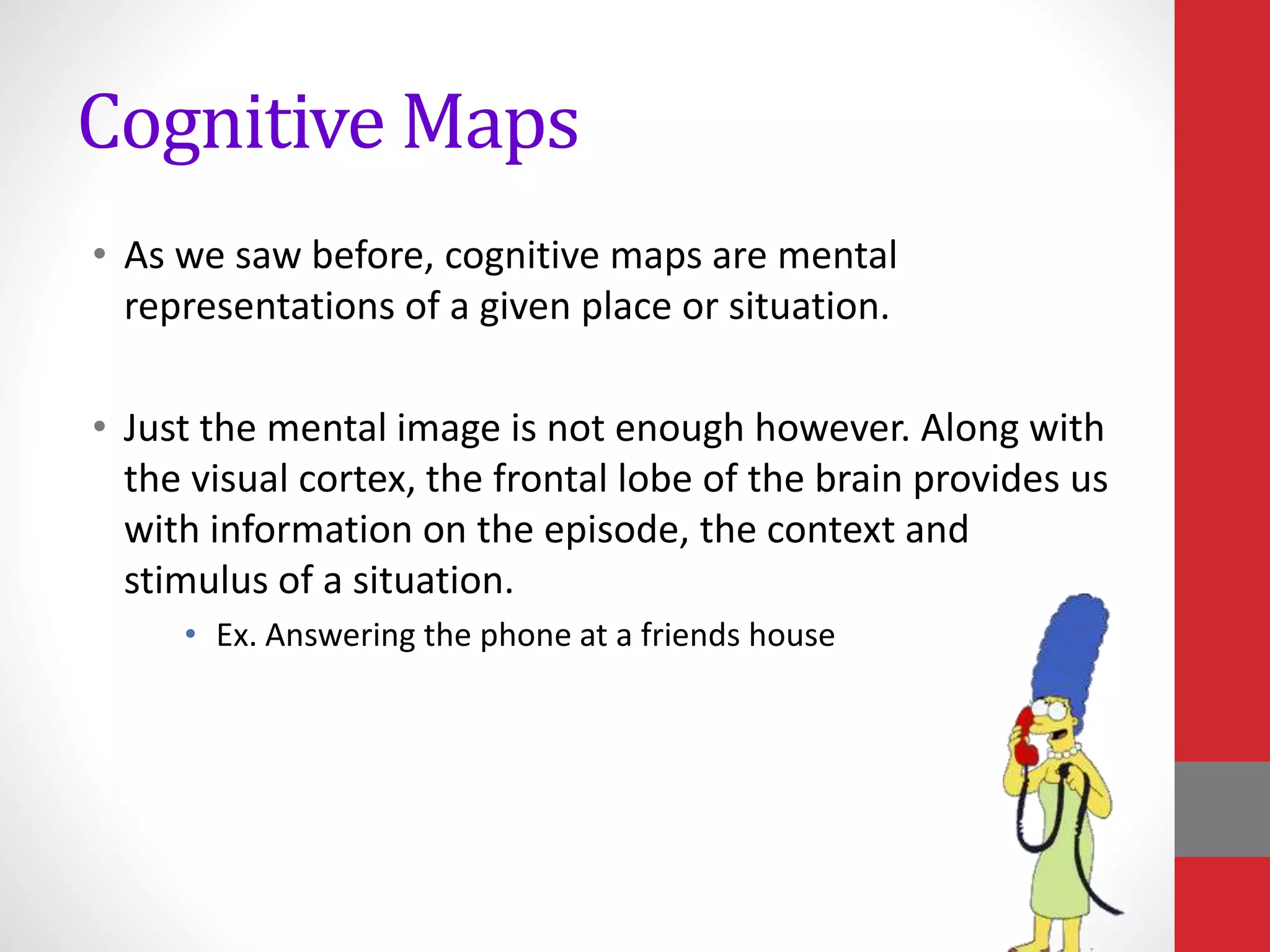 Cognitive Maps
• As we saw before, cognitive maps are mental
representations of a given place or situation.
• Just the mental image is not enough however. Along with
the visual cortex, the frontal lobe of the brain provides us
with information on the episode, the context and
stimulus of a situation.
• Ex. Answering the phone at a friends house
 