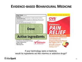 EVIDENCE-BASED BEHAVIOURAL MEDICINE
11
Dose
Active Ingredients
If your technology were a medicine,
would its ingredients act like vitamins or addictive drugs?
 