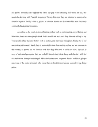 and people nowadays also applied the ‘ideal age gap’ when choosing their mate. In fact, this
result also keeping with Parental Investment Theory. For men, they are attracted to women who
advertise signs of fertility – that is, youth. In contrast, women are drawn to older men since they
commonly have greater resources.
According to the result, in term of dating method such as online dating, speed dating, and
blind date there are many people think that it would not work and they also not willing to try.
This result is affect by some factors such as culture, and individual perception. Firstly due to our
research target is mostly local, there is a probability that those dating method are not common in
the country, so people are not familiar with thus they think that it could not work. Besides, in
term of individual perception they are probably though that it is a shame and also they will feel
awkward when dating with strangers which included Social Judgment theory. Moreover, people
are aware of the online criminals who cause them to limit themselves and scare of trying dating
online.

20

 