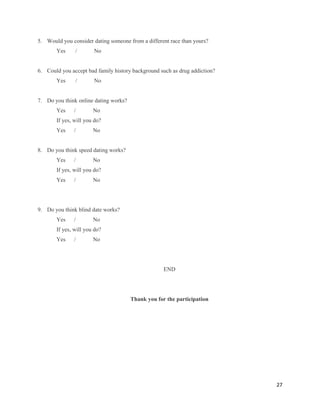 5. Would you consider dating someone from a different race than yours?
Yes

/

No

6. Could you accept bad family history background such as drug addiction?
Yes

/

No

7. Do you think online dating works?
Yes

/

No

If yes, will you do?
Yes

/

No

8. Do you think speed dating works?
Yes

/

No

If yes, will you do?
Yes

/

No

9. Do you think blind date works?
Yes

/

No

If yes, will you do?
Yes

/

No

END

Thank you for the participation

27

 