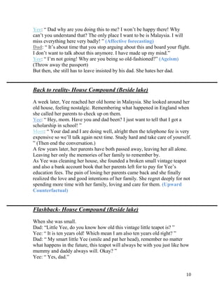 10
Yee: “ Dad why are you doing this to me? I won’t be happy there! Why
can’t you understand that? The only place I want to be is Malaysia. I will
miss everything here very badly! ” (Affective forecasting)
Dad: “ It’s about time that you stop arguing about this and board your flight.
I don’t want to talk about this anymore. I have made up my mind.”
Yee: “ I’m not going! Why are you being so old-fashioned?” (Ageism)
(Throw away the passport)
But then, she still has to leave insisted by his dad. She hates her dad.
Back to reality- House Compound (Beside lake)
A week later, Yee reached her old home in Malaysia. She looked around her
old house, feeling nostalgic. Remembering what happened in England when
she called her parents to check up on them.
Yee: “ Hey, mom. Have you and dad been? I just want to tell that I got a
scholarship in school! ”
Mom: “ Your dad and I are doing well, alright then the telephone fee is very
expensive so we’ll talk again next time. Study hard and take care of yourself.
” (Then end the conversation.)
A few years later, her parents have both passed away, leaving her all alone.
Leaving her only the memories of her family to remember by.
As Yee was cleaning her house, she founded a broken small vintage teapot
and also a bank account book that her parents left for to pay for Yee’s
education fees. The pain of losing her parents came back and she finally
realized the love and good intentions of her family. She regret deeply for not
spending more time with her family, loving and care for them. (Upward
Counterfactual)
Flashback- House Compound (Beside lake)
When she was small.
Dad: “Little Yee, do you know how old this vintage little teapot is? ”
Yee: “ It is ten years old! Which mean I am also ten years old right? ”
Dad: “ My smart little Yee (smile and pat her head), remember no matter
what happens in the future, this teapot will always be with you just like how
mummy and daddy always will. Okay? ”
Yee: “ Yes, dad.”
 