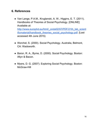 6. References 
 
● Van Lange, P.A.M., Kruglanski, A. W., Higgins, E. T. (2011). 
Handbooks of Theories of Social Psychology. [ONLINE] 
Available at: 
http://www.europhd.eu/html/_onda02/07/PDF/21th_lab_scient
ificmaterial/handbook_theories_social_psychology.pdf​. [Last 
accessed 4th June 2015)  
 
● Worchel, S. (2000). Social Psychology. Australia, Belmont, 
CA: Wadsworth.   
 
● Baron, R. A., Byme, D. (2000). Social Psychology. Boston: 
Allyn & Bacon.   
 
● Myers, D. G. (2007). Exploring Social Psychology. Boston: 
McGraw­Hill 
 
 
 
 
 
 
 
 
 
 
 
 
   
16 
 