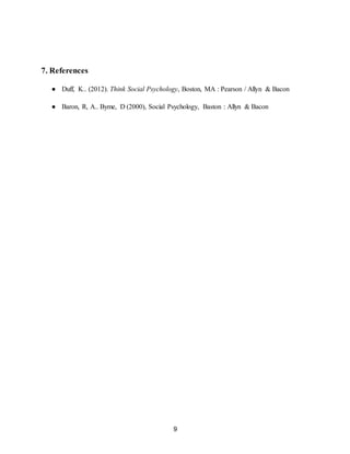 9
7. References
● Duff, K.. (2012). Think Social Psychology, Boston, MA : Pearson / Allyn & Bacon
● Baron, R, A.. Byme, D (2000), Social Psychology, Baston : Allyn & Bacon
 