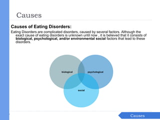 Causes of Eating Disorders:
Eating Disorders are complicated disorders, caused by several factors. Although the
exact cause of eating disorders is unknown until now , it is believed that it consists of
biological, psychological, and/or environmental social factors that lead to these
disorders.
psychologicalbiological
social
Causes
Causes
 