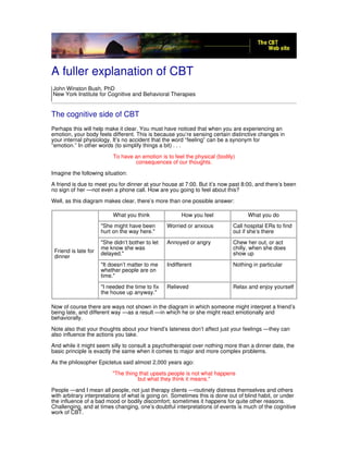 A fuller explanation of CBT
John Winston Bush, PhD
New York Institute for Cognitive and Behavioral Therapies
The cognitive side of CBT
Perhaps this will help make it clear. You must have noticed that when you are experiencing an
emotion, your body feels different. This is because you’re sensing certain distinctive changes in
your internal physiology. It’s no accident that the word “feeling” can be a synonym for
“emotion.” In other words (to simplify things a bit) . . .
To have an emotion is to feel the physical (bodily)
consequences of our thoughts.
Imagine the following situation:
A friend is due to meet you for dinner at your house at 7:00. But it’s now past 8:00, and there’s been
no sign of her — not even a phone call. How are you going to feel about this?
Well, as this diagram makes clear, there’s more than one possible answer:
Friend is late for
dinner
What you think How you feel What you do
"She might have been
hurt on the way here."
Worried or anxious Call hospital ERs to find
out if she’s there
"She didn’t bother to let
me know she was
delayed."
Annoyed or angry Chew her out, or act
chilly, when she does
show up
"It doesn’t matter to me
whether people are on
time."
Indifferent Nothing in particular
"I needed the time to fix
the house up anyway."
Relieved Relax and enjoy yourself
Now of course there are ways not shown in the diagram in which someone might interpret a friend’s
being late, and different way — as a result — in which he or she might react emotionally and
behaviorally.
Note also that your thoughts about your friend’s lateness don’t affect just your feelings — they can
also influence the actions you take.
And while it might seem silly to consult a psychotherapist over nothing more than a dinner date, the
basic principle is exactly the same when it comes to major and more complex problems.
As the philosopher Epictetus said almost 2,000 years ago:
"The thing that upsets people is not what happens
but what they think it means."
People — and I mean all people, not just therapy clients — routinely distress themselves and others
with arbitrary interpretations of what is going on. Sometimes this is done out of blind habit, or under
the influence of a bad mood or bodily discomfort; sometimes it happens for quite other reasons.
Challenging, and at times changing, one’s doubtful interpretations of events is much of the cognitive
work of CBT.
 