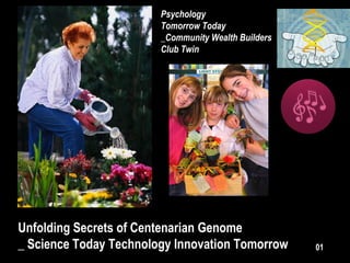 Unfolding Secrets of Centenarian Genome
_ Science Today Technology Innovation Tomorrow
Psychology
Tomorrow Today
_Community Wealth Builders
Club Twin
01
 
