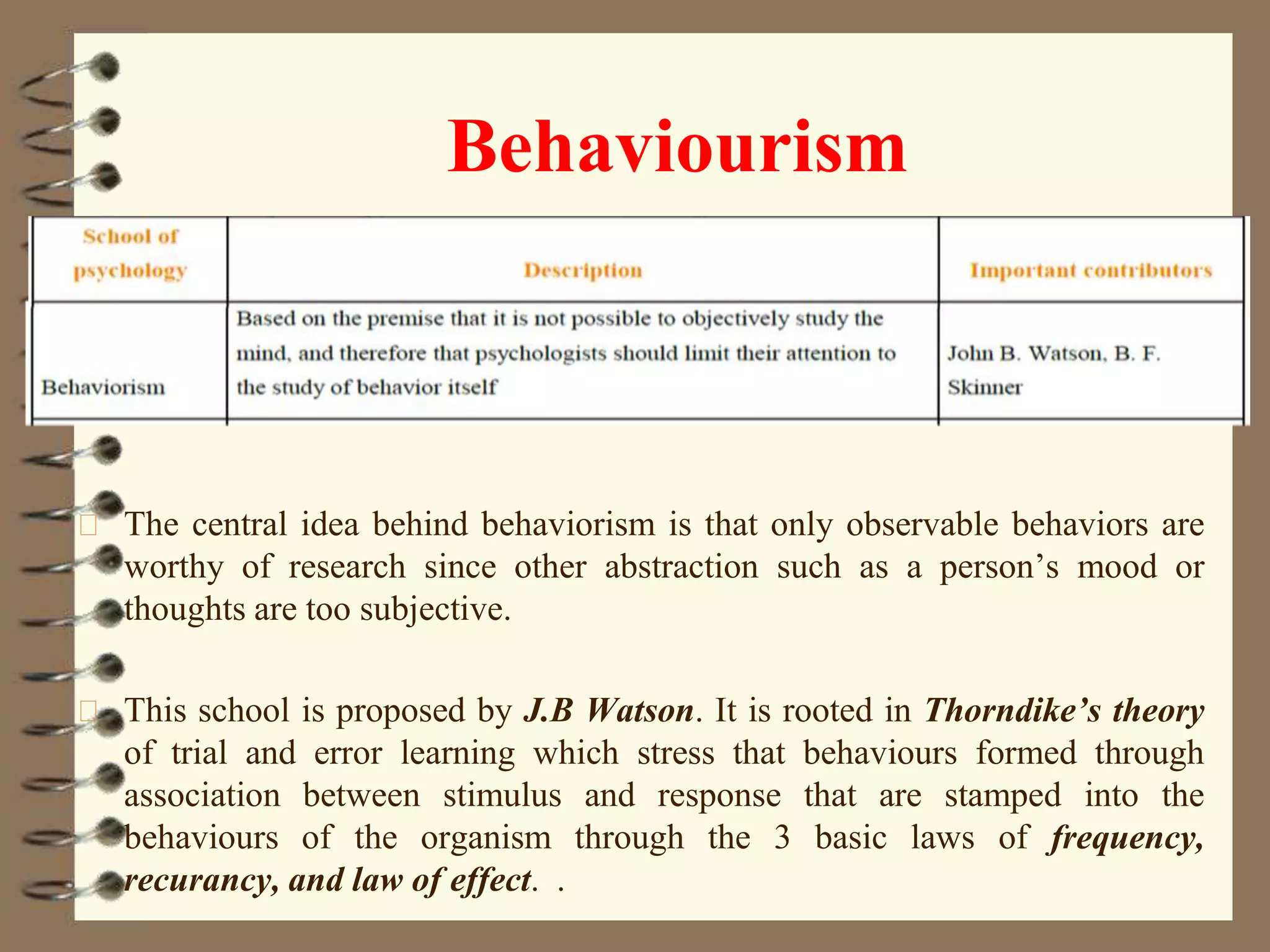 Behaviourism
The central idea behind behaviorism is that only observable behaviors are
worthy of research since other abstraction such as a person’s mood or
thoughts are too subjective.
This school is proposed by J.B Watson. It is rooted in Thorndike’s theory
of trial and error learning which stress that behaviours formed through
association between stimulus and response that are stamped into the
behaviours of the organism through the 3 basic laws of frequency,
recurancy, and law of effect. .
 
