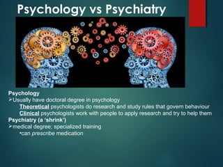 Psychology vs Psychiatry
Psychology
Usually have doctoral degree in psychology
Theoretical psychologists do research and study rules that govern behaviour
Clinical psychologists work with people to apply research and try to help them
Psychiatry (a ‘shrink’)
medical degree; specialized training
•can prescribe medication
 