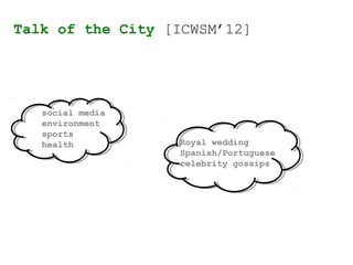 social media
environment
sports
health Royal wedding
Spanish/Portuguese
celebrity gossips
Talk of the City [ICWSM’12]
 