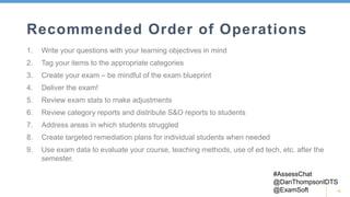 10
Recommended Order of Operations
1. Write your questions with your learning objectives in mind
2. Tag your items to the appropriate categories
3. Create your exam – be mindful of the exam blueprint
4. Deliver the exam!
5. Review exam stats to make adjustments
6. Review category reports and distribute S&O reports to students
7. Address areas in which students struggled
8. Create targeted remediation plans for individual students when needed
9. Use exam data to evaluate your course, teaching methods, use of ed tech, etc. after the
semester.
#AssessChat
@DanThompsonIDTS
@ExamSoft
 