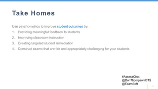 11
Take Homes
Use psychometrics to improve student outcomes by:
1. Providing meaningful feedback to students
2. Improving classroom instruction
3. Creating targeted student remediation
4. Construct exams that are fair and appropriately challenging for your students
#AssessChat
@DanThompsonIDTS
@ExamSoft
 