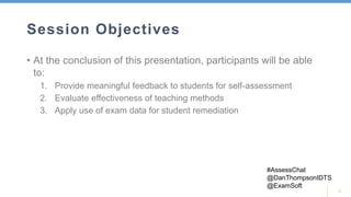 3
Session Objectives
• At the conclusion of this presentation, participants will be able
to:
1. Provide meaningful feedback to students for self-assessment
2. Evaluate effectiveness of teaching methods
3. Apply use of exam data for student remediation
#AssessChat
@DanThompsonIDTS
@ExamSoft
 