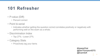 4
101 Refresher
• P-value (Diff)
• Percent correct
• Point bi-serial
• Indicates whether getting the question correct correlates positively or negatively with
performing well on the exam as a whole.
• Discrimination Index
• Top 27% - Lower 27%
• Category Stats
• Proactively tag your items
#AssessChat
@DanThompsonIDTS
@ExamSoft
 