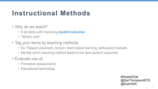 6
Instructional Methods
• Why do we teach?
• It all starts with improving student outcomes
• “What’s next”
• Tag your items by teaching methods
• Ex. Flipped classroom, lecture, team-based learning, self-paced modules
• Identify which teaching method leads to the best student outcomes
• Evaluate use of:
• Formative assessments
• Educational technology
#AssessChat
@DanThompsonIDTS
@ExamSoft
 