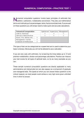 Psychometric success numerical ability computation practice test 1 | PDF