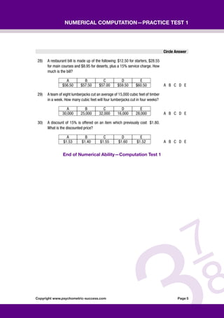 Psychometric success numerical ability computation practice test 1 | PDF