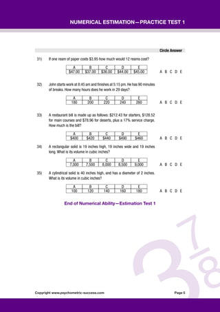 Psychometric success numerical ability estimation practice test 1 | PDF