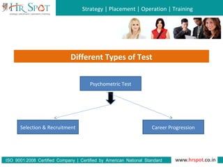 Strategy | Placement | Operation | Training
www.hrspot.co.in:ISO 9001 2008 Certified Company | Certified by American National Standard
Institute
Different Types of Test
Psychometric Test
Selection & Recruitment Career Progression
 