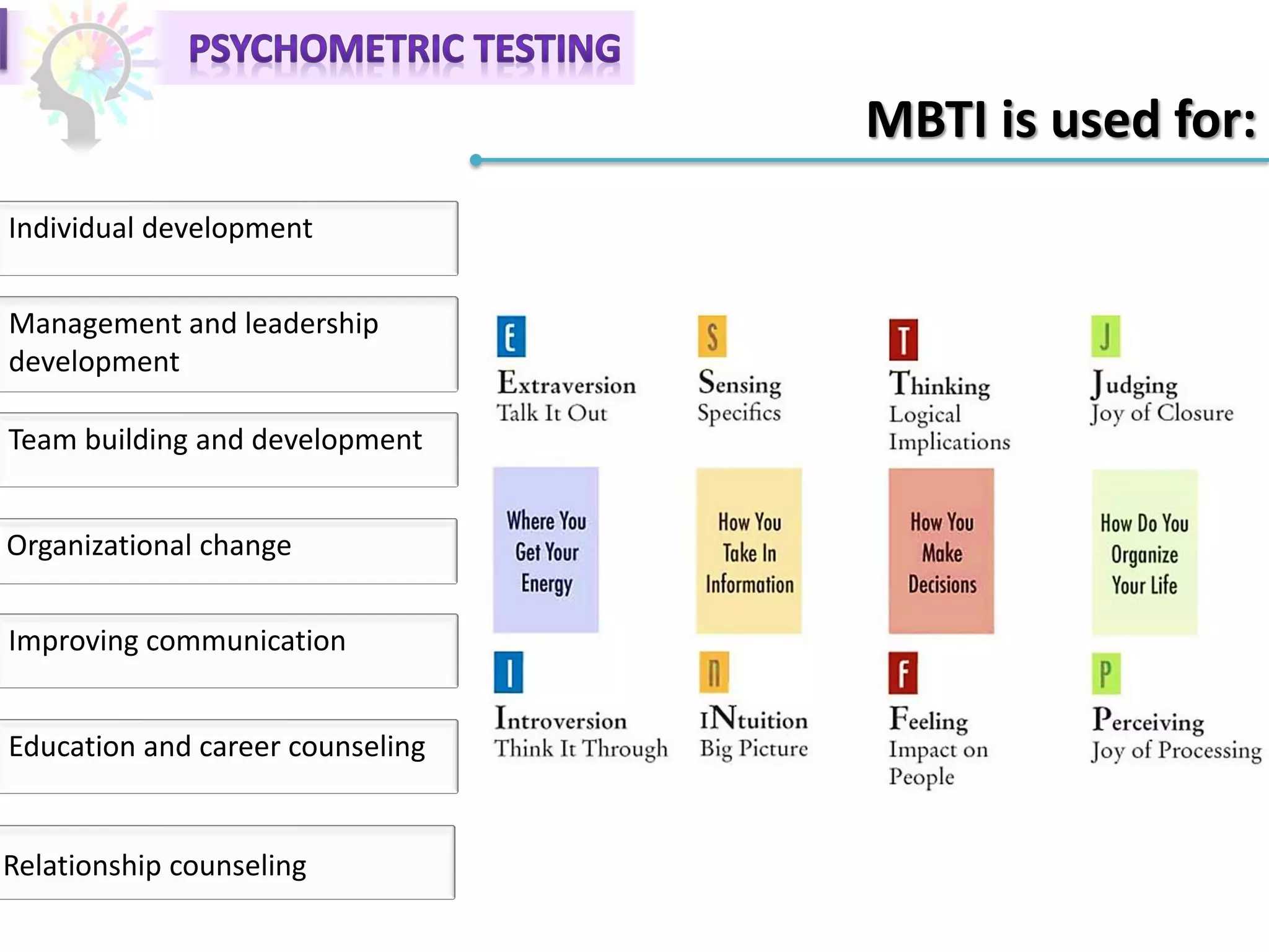 MBTI is used for:
Individual development
Management and leadership
development
Team building and development
Organizational change
Improving communication
Education and career counseling
Relationship counseling
 
