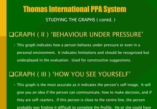 Thomas International PPA System STUDYING THE GRAPHS ( contd. ) GRAPH ( II ) ‘BEHAVIOUR UNDER PRESSURE’ This graph indicates how a person behaves under pressure or even in a personal environment.  It indicates limitations and should be recognized but underplayed in the evaluation.  Used for constructive suggestions. GRAPH ( III ) ‘HOW YOU SEE YOURSELF’ This graph is the most accurate as it indicates the person’s self image.  It will give you an idea if the person can communicate, how to make decision, and if they are self-starters.  If this person is close to the centre line, the person probably was finding it difficult to complete the Profile.  He or she could have tried to read into it or could be going through a change of values. 