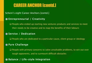 CAREER ANCHOR [contd.] Schein’s eight Career Anchors [contd.] Entrepreneurial / Creativity People who ended up starting new ventures products and services to meet their needs to be creative and to reap the benefits of their labours Service / Dedication People who are dedicated to a particular cause, client group or ideology Pure Challenge People with primary concerns to solve unsolvable problems, to win out over tough opponents, and to surmount difficult obstacles Balance / Life-style Integration People with primary concerns to integrate family concerns, career concerns and concerns for self-development 