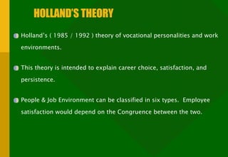 HOLLAND’S THEORY Holland’s ( 1985 / 1992 ) theory of vocational personalities and work environments. This theory is intended to explain career choice, satisfaction, and persistence. People & Job Environment can be classified in six types.  Employee satisfaction would depend on the Congruence between the two. 