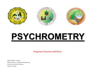 PSYCHROMETRY
Properties, Processes andCharts
AppleNathaleeC. Villegas
Bachelorof Sciencein AgriculturalEngineering
Universityof SouthernMindanao
Kabacan,Cotabato
 