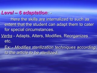 Level – 6 adaptationLevel – 6 adaptation: -: -
Here the skills are internalized to such asHere the skills are internalized to such as
extent that the student can adapt them to caterextent that the student can adapt them to cater
for special circumstances.for special circumstances.
VerbsVerbs - Adapts, Alters, Modifies, Reorganizes- Adapts, Alters, Modifies, Reorganizes
etc.etc.
ExEx: -: - Modifies sterilization techniques accordingModifies sterilization techniques according
to the article to be sterilized.to the article to be sterilized.
 