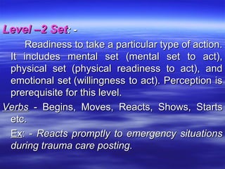 Level –2 SetLevel –2 Set: -: -
Readiness to take a particular type of action.Readiness to take a particular type of action.
It includes mental set (mental set to act),It includes mental set (mental set to act),
physical set (physical readiness to act), andphysical set (physical readiness to act), and
emotional set (willingness to act). Perception isemotional set (willingness to act). Perception is
prerequisite for this level.prerequisite for this level.
VerbsVerbs - Begins, Moves, Reacts, Shows, Starts- Begins, Moves, Reacts, Shows, Starts
etc.etc.
ExEx: -: - Reacts promptly to emergency situationsReacts promptly to emergency situations
during trauma care posting.during trauma care posting.
 