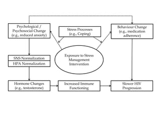 Psychological /
Psychosocial Change
(e.g., reduced anxiety)
SNS Normalization
Stress Processes
(e.g., Coping)
Behaviour Change
(e.g., medication
adherence)
HPA Normalization
Hormone Changes
(e.g., testosterone)
Increased Immune
Functioning
Slower HIV
Progression
Exposure to Stress
Management
Intervention
 