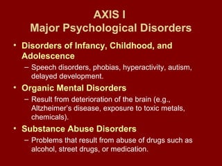 AXIS I 
Major Psychological Disorders 
• Disorders of Infancy, Childhood, and 
Adolescence 
– Speech disorders, phobias, hyperactivity, autism, 
delayed development. 
• Organic Mental Disorders 
– Result from deterioration of the brain (e.g., 
Altzheimer’s disease, exposure to toxic metals, 
chemicals). 
• Substance Abuse Disorders 
– Problems that result from abuse of drugs such as 
alcohol, street drugs, or medication. 
 