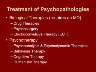 Treatment of Psychopathologies 
• Biological Therapies (requires an MD) 
– Drug Therapies 
– Psychosurgery 
– Electroconvulsive Therapy (ECT) 
• Psychotherapy 
– Psychoanalysis & Psychodynamic Therapies 
– Behaviour Therapy 
– Cognitive Therapy 
– Humanistic Therapy 
 