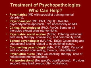 Treatment of Psychopathologies 
Who Can Help? 
• Psychiatrist (MD with specialist training mental 
disorders). 
• Psychoanalyst (MD, PhD, PsyD): Uses the 
psychodynamic approach. Not necessarily an MD. 
• Clinical Psychologist (PhD, PsyD): Some or all 
therapies except drug interventions. 
• Psychiatric social worker (MSW): Offering individual 
and family therapy, counselling, and community work. 
• School psychologist (MA,PhD, EdD): Counselling and 
educational testing related to educational issues. 
• Counselling psychologist (MA, PhD, EdD): Personal 
and vocational counselling, therapy, rehabilitiation. 
• Psychiatric nurse (RN): Counselling, therapy, care of 
hospitalized mental patients. 
• Paraprofessional (No specific qualifications): Provides 
support, may lead groups, offer workshops. 
 