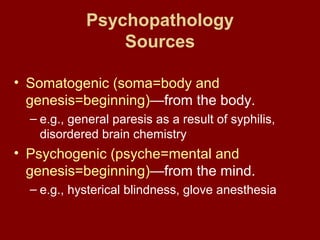 Psychopathology 
Sources 
• Somatogenic (soma=body and 
genesis=beginning)—from the body. 
– e.g., general paresis as a result of syphilis, 
disordered brain chemistry 
• Psychogenic (psyche=mental and 
genesis=beginning)—from the mind. 
– e.g., hysterical blindness, glove anesthesia 
 