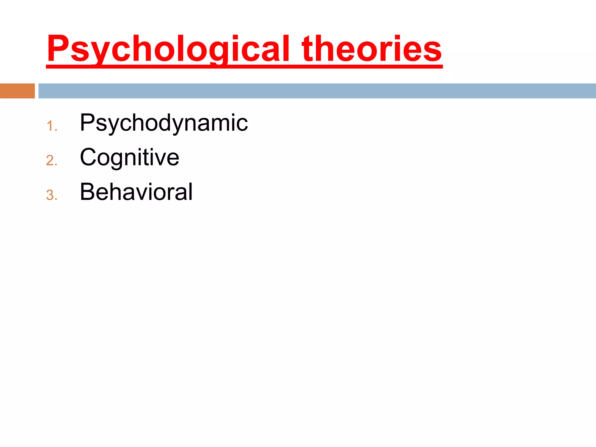 Psychological theories
1. Psychodynamic
2. Cognitive
3. Behavioral
 