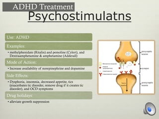 Psychostimulatns
Use: ADHD
Examples:
• methylphenidate (Ritalin) and pemoline (Cylert), and
Dextraamphetamine & amphetamine (Adderall)
Mode of Action:
• Increase availability of norepinephrine and dopamine
Side Effects:
• Dysphoria, insomnia, decreased appetite, tics
(exacerbates tic disorder, remove drug if it creates tic
disorder), and OCD symptoms
Drug holidays:
• alleviate growth suppression
ADHD Treatment
 