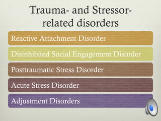 Trauma- and Stressor-
related disorders
Reactive Attachment Disorder
Disinhibited Social Engagement Disorder
Posttraumatic Stress Disorder
Acute Stress Disorder
Adjustment Disorders
 