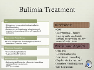 Bulimia Treatment
•  Gain control over dysfunctional eating habits
•  Healthy attitudes
•  Incorporates: self-monitoring, stimulus control,
cognitive restructuring, problem-solving and self-
distraction
CBT
•  Handle interpersonal relationships so eomtional
upsets aren’t triggering binges
Intepresonal Psychotherapy
•  Correct maladaptive beliefs
•  Replace unhealhty patterns
Nutritional Counseling
•  Imipramine and fluoxetine effective to reduce binge
eating and improve dysphoria
•  CBT lower relapse
Pharmacotherapy
Interventions
•  CBT
•  Interpersonal Therapy
•  Coping skills to alleviate
anxiety and provide healthy
sense of self-control
Referrals and Adjuncts
•  Med eval
•  Dental Evaluation
•  Nutritional counseling
•  Psychiatrist for med eval
•  Inpatient Hospitalization
•  Self-help groups
 