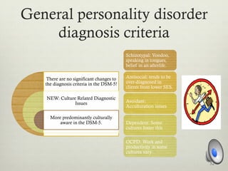 General personality disorder
diagnosis criteria
There are no significant changes to
the diagnosis criteria in the DSM-5!
NEW: Culture Related Diagnostic
Issues
More predominantly culturally
aware in the DSM-5.
52
Schizotypal: Voodoo,
speaking in tongues,
belief in an afterlife.
Antisocial: tends to be
over-diagnosed in
clients from lower SES.
Avoidant:
Acculturation issues
Dependent: Some
cultures foster this
OCPD: Work and
productivity in some
cultures vary
 