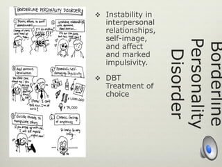 Borderline
Personality
Disorder
v  Instability in
interpersonal
relationships,
self-image,
and affect
and marked
impulsivity.
v  DBT
Treatment of
choice
 