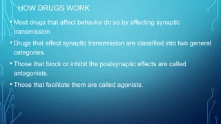 HOW DRUGS WORK
• Most drugs that affect behavior do so by affecting synaptic
transmission.
• Drugs that affect synaptic transmission are classified into two general
categories.
• Those that block or inhibit the postsynaptic effects are called
antagonists.
• Those that facilitate them are called agonists.
 