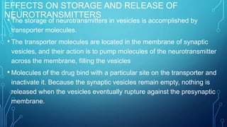 EFFECTS ON STORAGE AND RELEASE OF
NEUROTRANSMITTERS
• The storage of neurotransmitters in vesicles is accomplished by
transporter molecules.
• The transporter molecules are located in the membrane of synaptic
vesicles, and their action is to pump molecules of the neurotransmitter
across the membrane, filling the vesicles
• Molecules of the drug bind with a particular site on the transporter and
inactivate it. Because the synaptic vesicles remain empty, nothing is
released when the vesicles eventually rupture against the presynaptic
membrane.
 