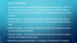 GLUTAMATE
• Investigators have discovered four types of glutamate receptors. Three of
these receptors are ionotropic - the NMDA receptor, the AMPA receptor,
and the kainate receptor, and the other one is the Metabotropic glutamate
receptor.
• NMDA receptor - A specialized glutamate receptor that controls calcium
channel, that is normally blocked by Mg2+ ions; has several other binding
sites.
• AMPA receptors - an ionotropic glutamate receptor that controls a sodium
channel, stimulated by AMPA.
• Kainate receptor - an ionotropic glutamate receptor that controls a sodium
channel, stimulated by Kainic acid
• Metabotropic glutamate receptor - A category of metabotropic receptors
 