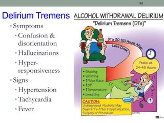 Delirium Tremens
• Symptoms
• Confusion &
disorientation
• Hallucinations
• Hyper-
responsiveness
• Signs
• Hypertension
• Tachycardia
• Fever
155
 