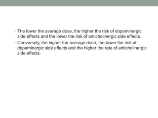 • The lower the average dose, the higher the risk of dopaminergic
side effects and the lower the risk of anticholinergic side effects.
• Conversely, the higher the average dose, the lower the risk of
dopaminergic side effects and the higher the rate of anticholinergic
side effects.
 