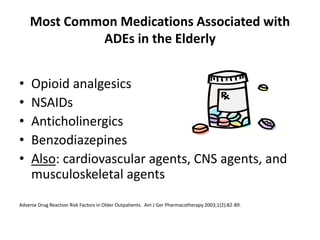 Most Common Medications Associated with
ADEs in the Elderly
• Opioid analgesics
• NSAIDs
• Anticholinergics
• Benzodiazepines
• Also: cardiovascular agents, CNS agents, and
musculoskeletal agents
Adverse Drug Reaction Risk Factors in Older Outpatients. Am J Ger Pharmacotherapy 2003;1(2):82-89.
 