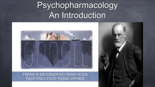 Psychopharmacology
An Introduction
FRANK W MEISSNER MD RDMS RCDS
FACP FACC FCCP FASNC CPHIMS
 